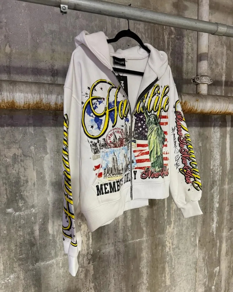 European and American Retro Fashion Mens Printed Zipper Hoodie Harajuku Gothic Street TWear Couple Oversized Sweatshirt 250403