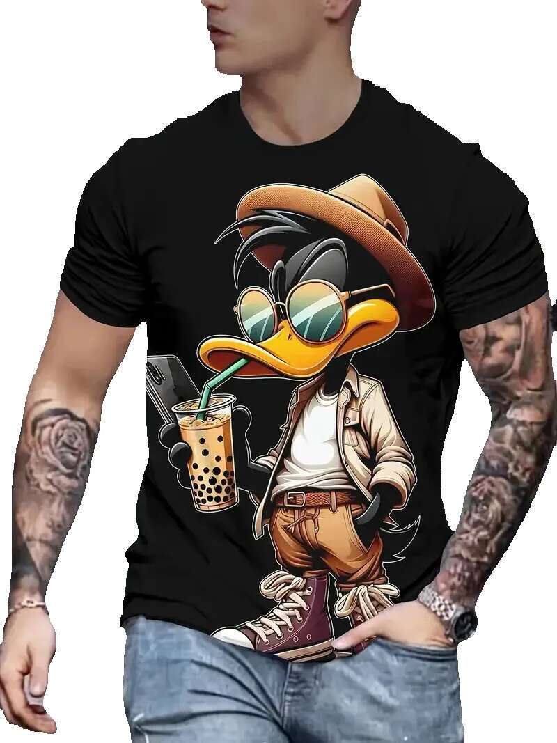 Men's short sleeved T-shirt, humorous and casual, cartoon duck print, fashionable sweater, oversized jacket, summer