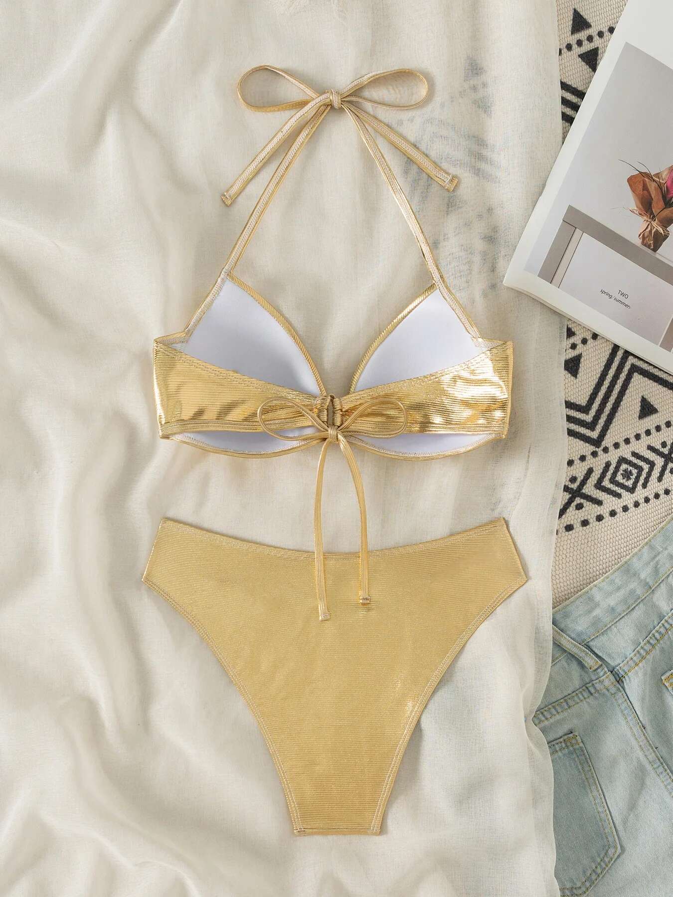 Dongdumaoyi Shiny Gold Bikini Set Women Sexy Halter Push Up Bra High Waist Swimsuit Summer Bathing Suit Holiday Two Piece Swimwear