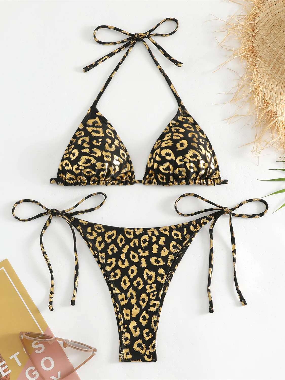 Dongdumaoyi Sexy Orange Leopard Print Bikini Set Women Halter Push Up Bra Tie Side Thong Swimsuit Summer Backless Bathing Suit Swimwear