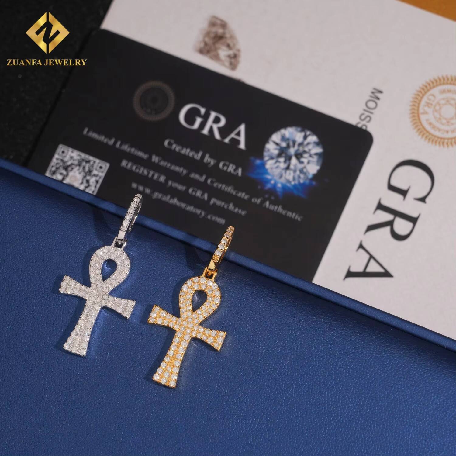 Luxury High-end S925 Sterling Silver VVS Moissanite Ankh Cross Pendant Rope Chain Pendant