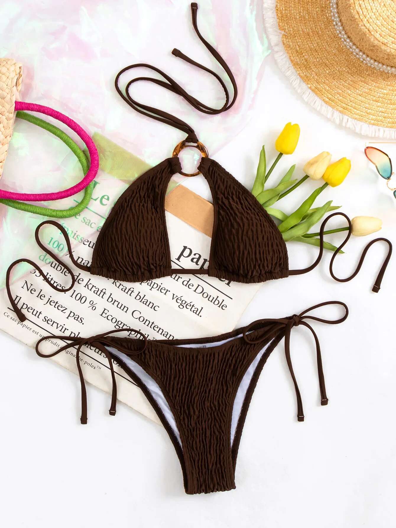 Dongdumaoyi Sexy Pleate Bikini Brown Halter Ring Linked Push Up Micro Swimsuit Hollow Out Beach Bathing Suit Tie Side Thong Swimwear