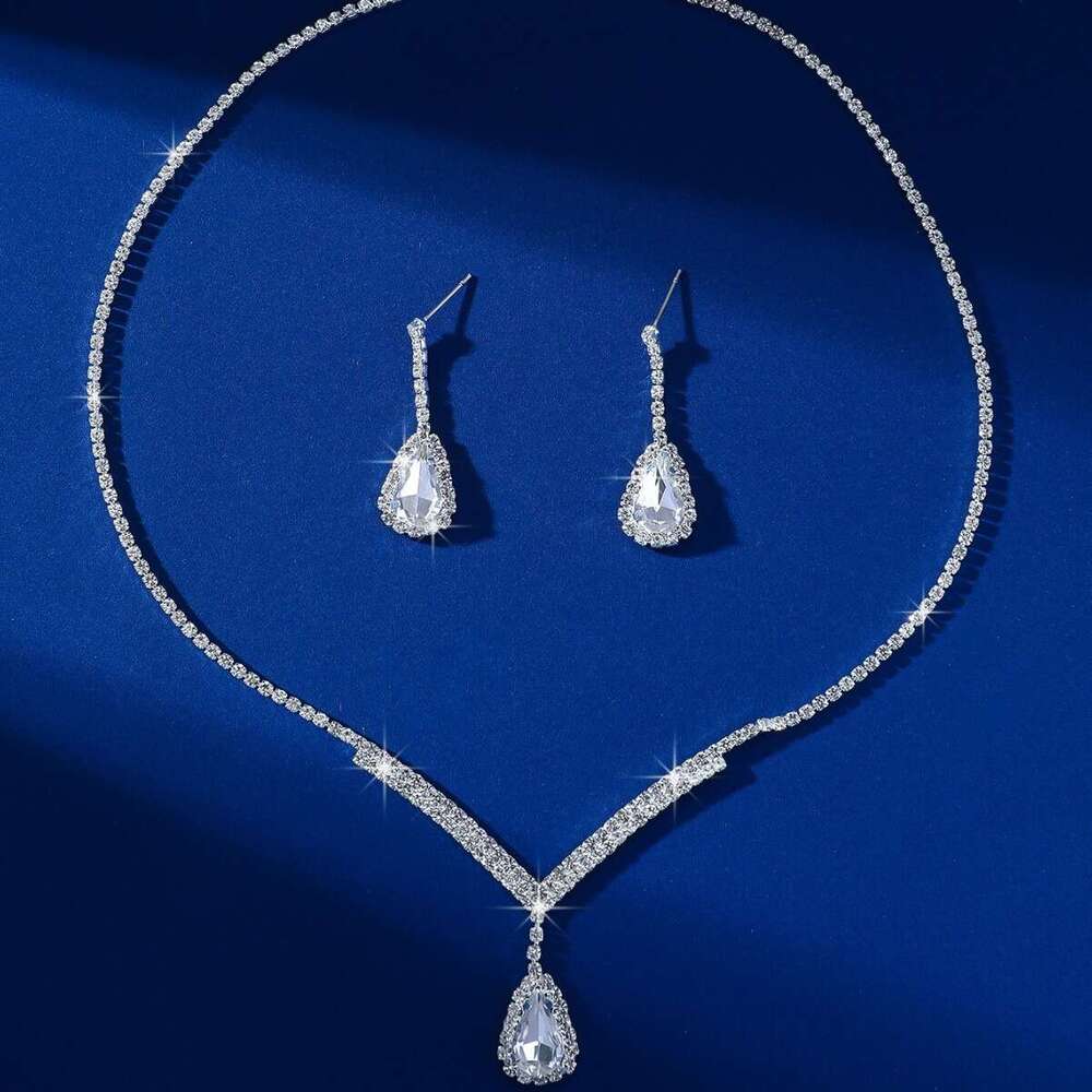 High Cold Goddess Bride Dinner V-shaped Light Water Drop Dia Necklace Set
