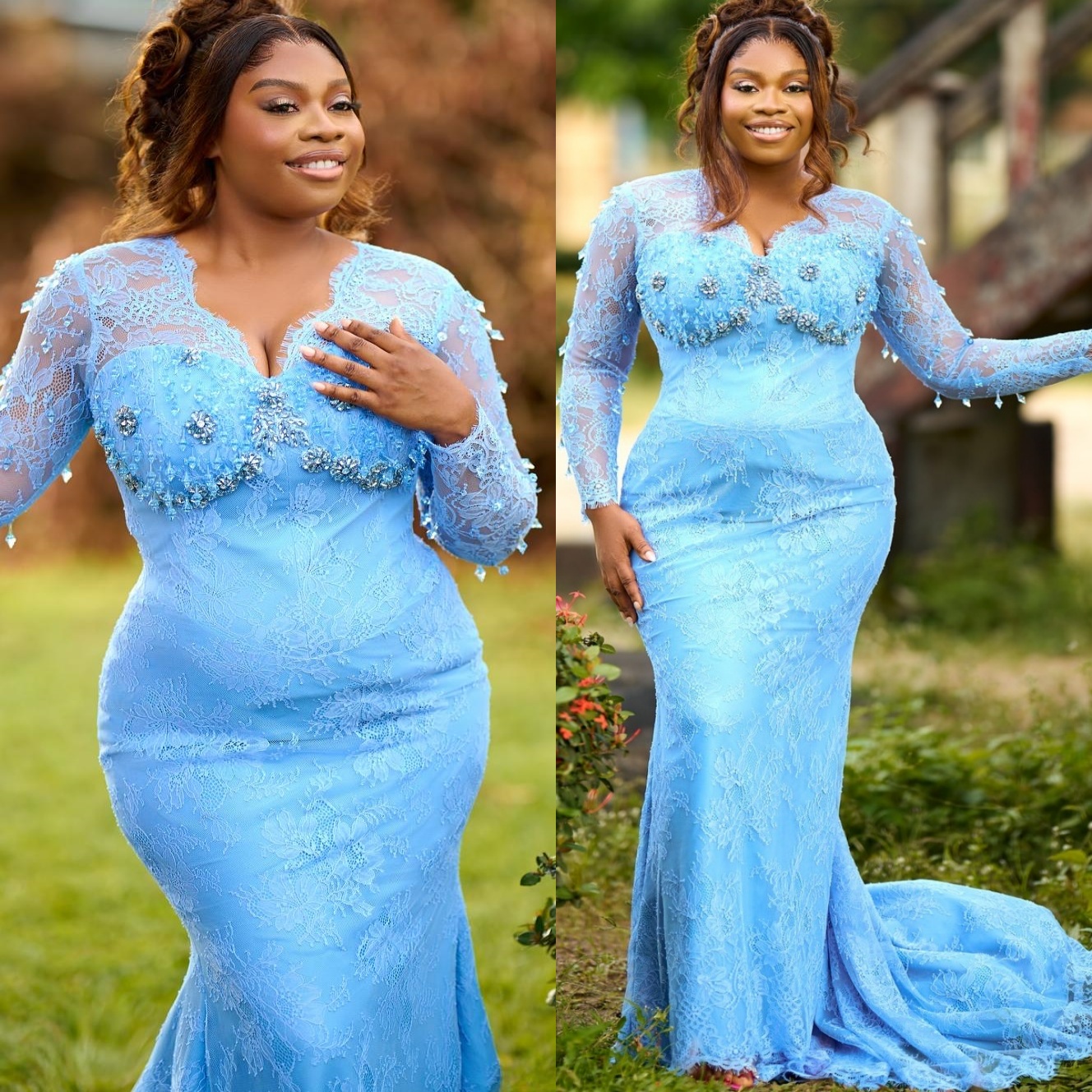 Aso Ebi Light Sky Blue Mermaid Prom Dresses 2026 Rhinestones Beaded Lace Evening Formal Party Second Birthday Engagement Gowns Plus Size Dress For Spe
