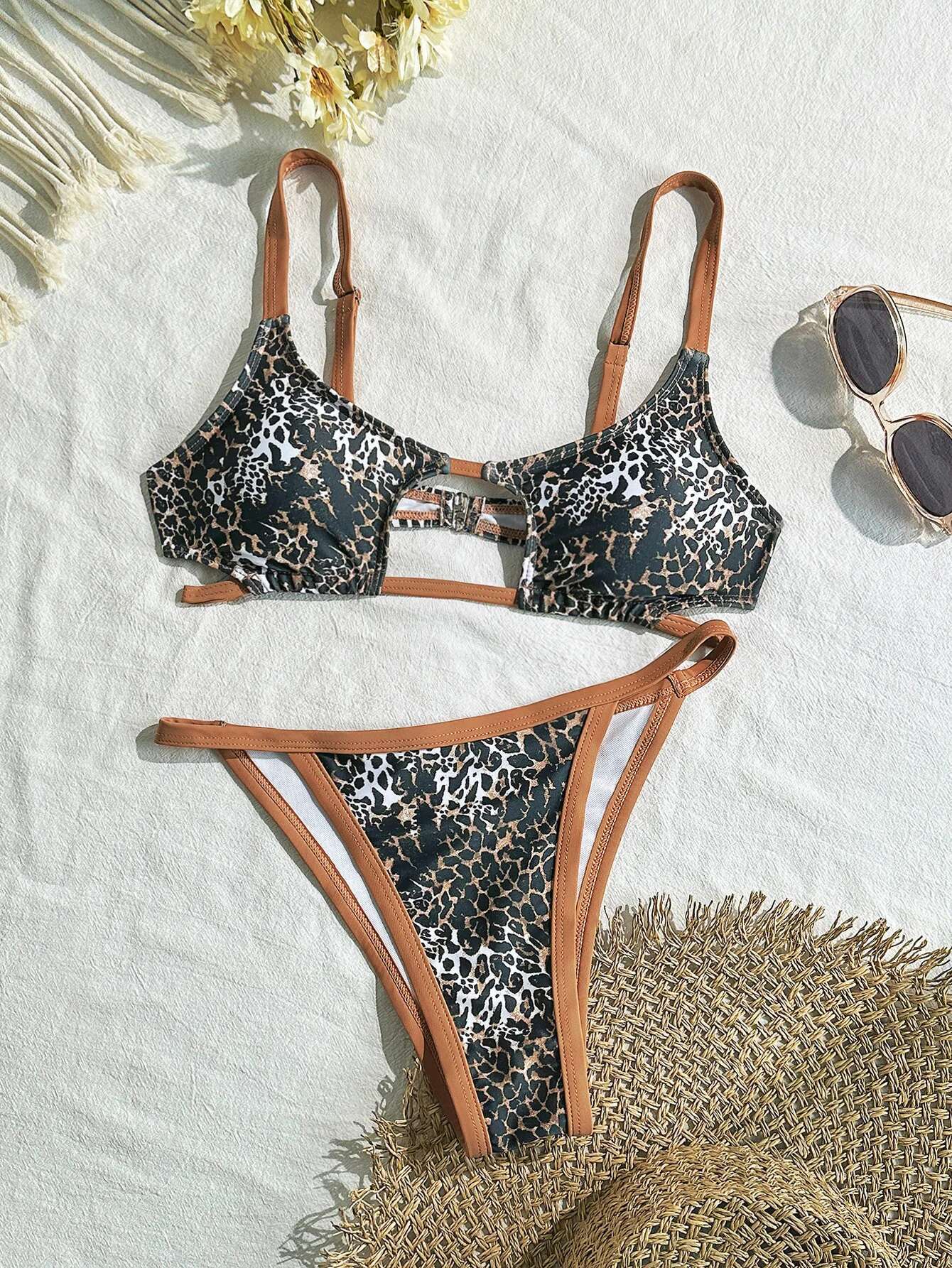 Dongdumaoyi Sexy Coffee Leopard Print Bikinis Sets Women Hollow Out Push Up Thong Swimsuit Brazilian Beach Bathing Suit Micro Swimwear