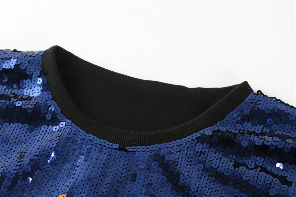 Summer striped patchwork short sleeved letter streetwear loose Tshirt sequins hiphop nightclub straight womens clothing 250407