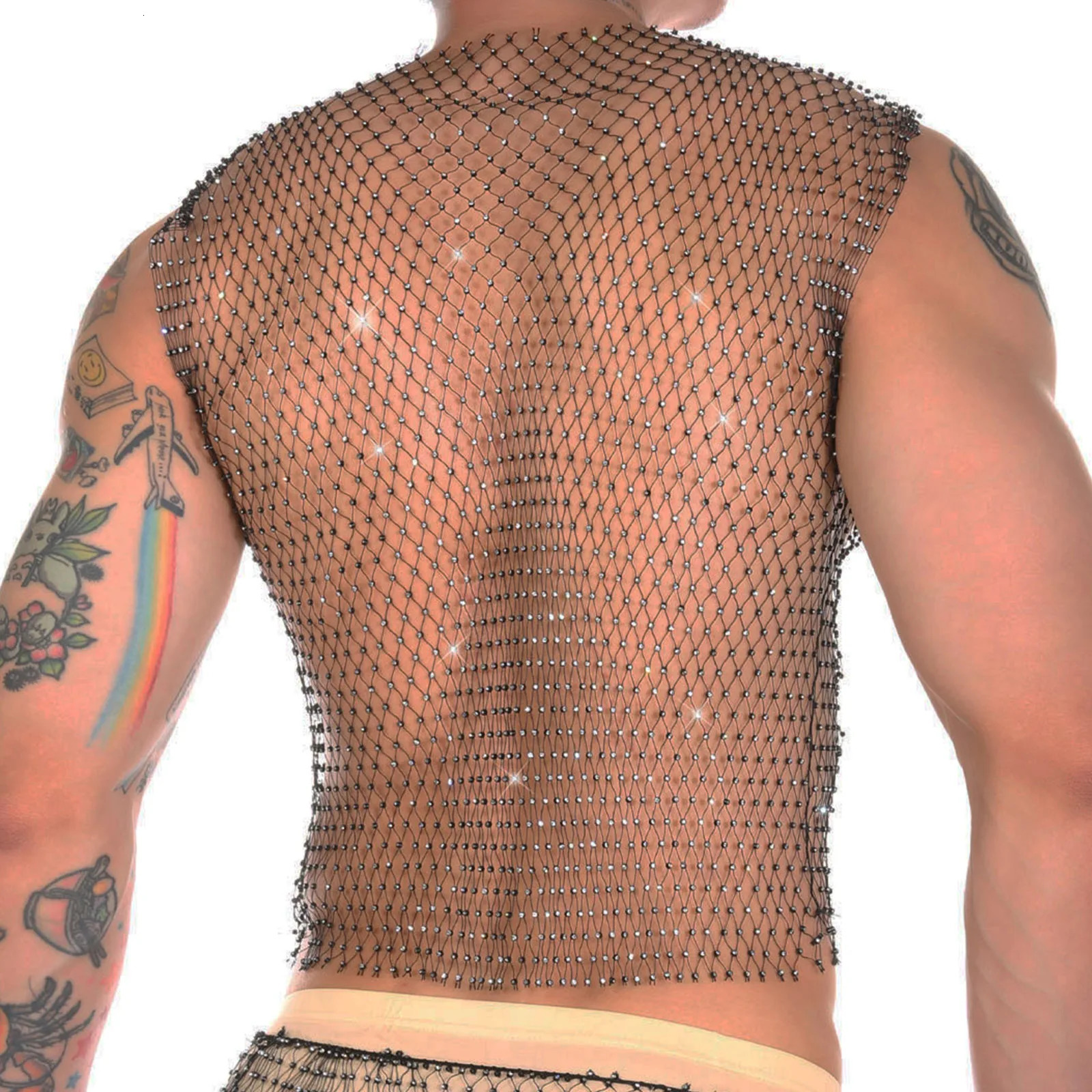 CLEVER-MENMODE Mens Fishnet Sexy Tank Top with Water Diamond Shining Transparent Hollow Tank Top Mesh Sleeveless T-shirt Transparent Clothing 250403