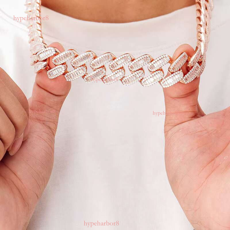 Hip Hop Rose Gold Plated Pure Sier Miami Heavy Long Stick Bread Iced VVS Mosan Stone Cuban Chain Necklace