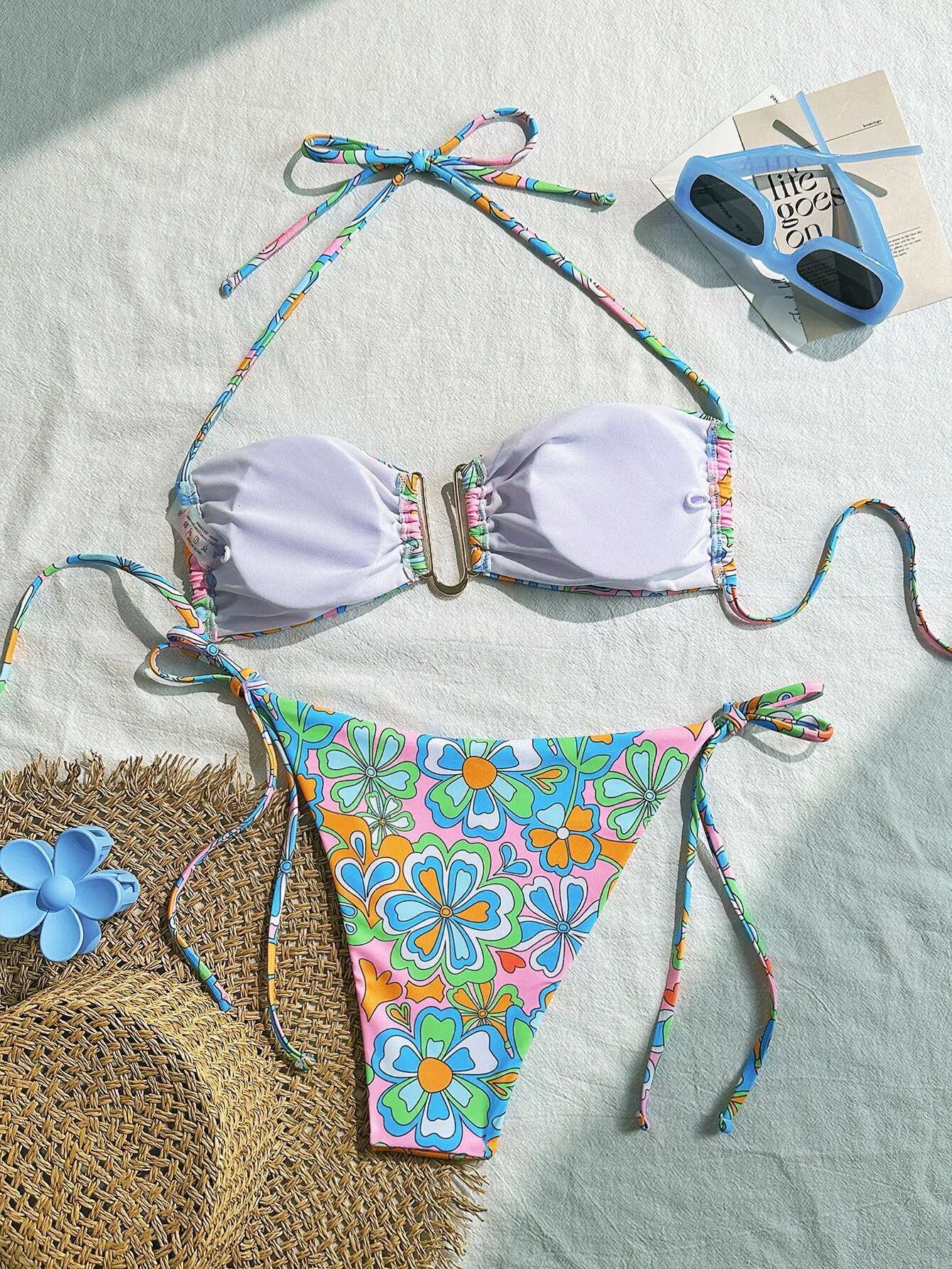 Dongdumaoyi Metal U Neck Bikini Set Women Sexy Green Floral Print Push Up Micro Swimsuit Brazilian Beach Bathing Suit Thong Swimwear