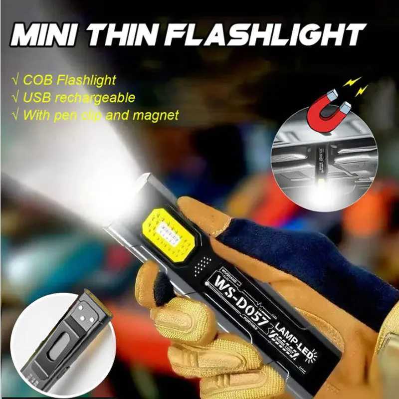 Mini Thin EDC Flashlight with Tail Magnet USB Rechargeable COB Worklight with Pen Clip for Outdoor Camping FishlingW251106