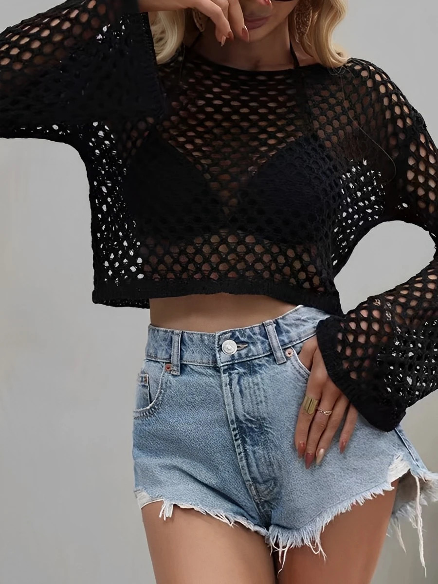 Mesh Crochet Beach Shirt Women Solid Cover Up Ladies Long Sleeve Tops Sexy Beachwear Bathers Swim Bathing Suit 250313