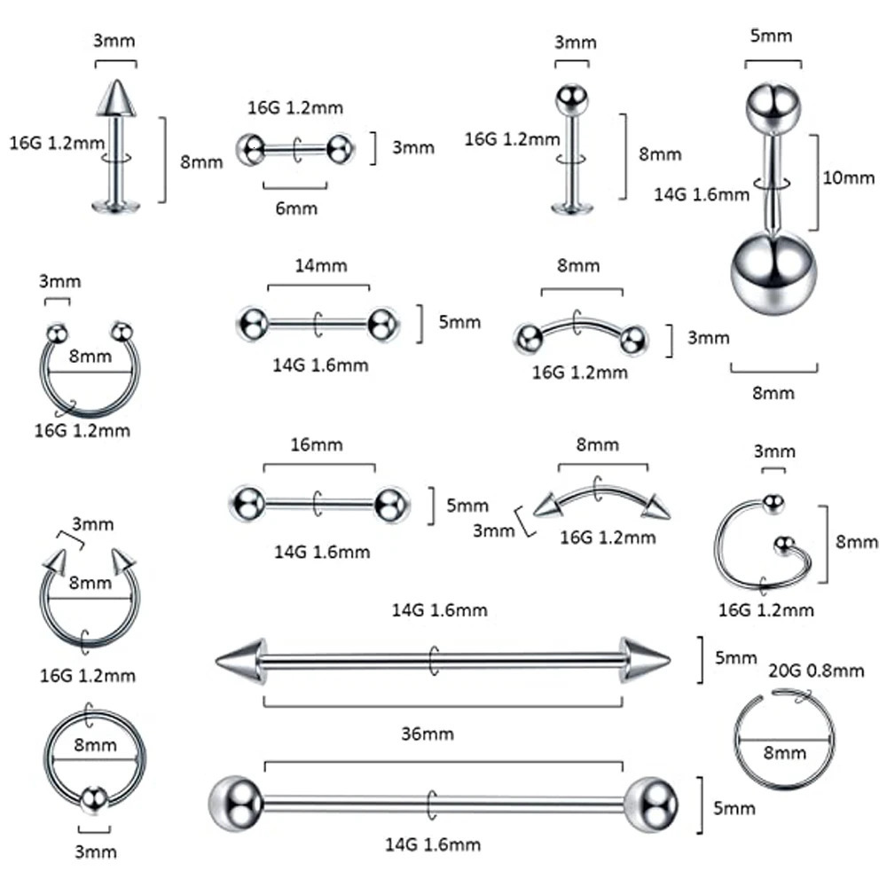Body Lot Stainless Steel Nose Lip Tongue Cartilage Tragus Eyebrow Industrial Barbell Belly Button Rings Piercing Jewelry 250403