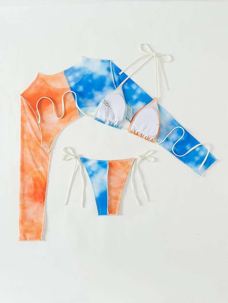 Dongdumaoyi Sexy Orange Blue Contrast Bikini Set Women Long Sleeve Mesh Cover Up Piece Swimsuit Brazilian Bathing Suit Thong Swimwear