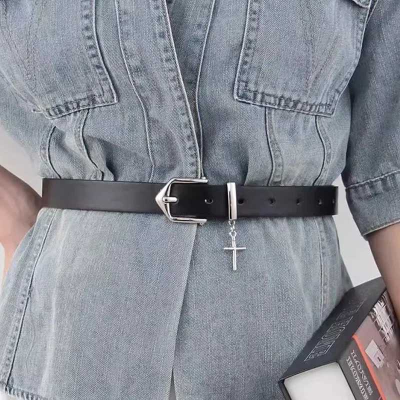 Fashion Cross Pendant Black PU Leather Belts Metal Pin Buckle Belt for Women Men Punk Hip Hop Waistband Jean Pants AccessoriesT251107