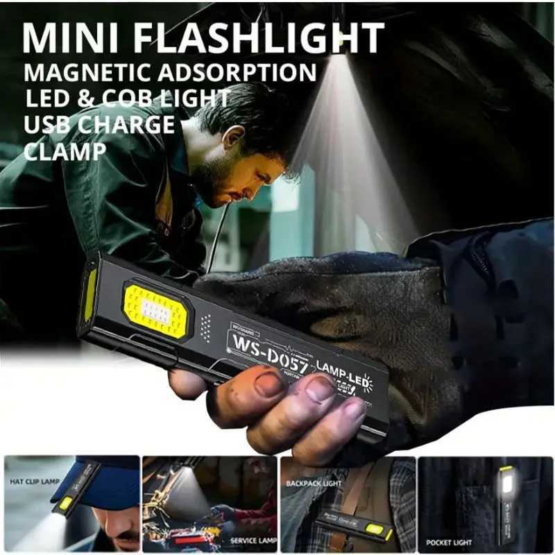 Mini Thin EDC Flashlight with Tail Magnet USB Rechargeable COB Worklight with Pen Clip for Outdoor Camping FishlingW251106