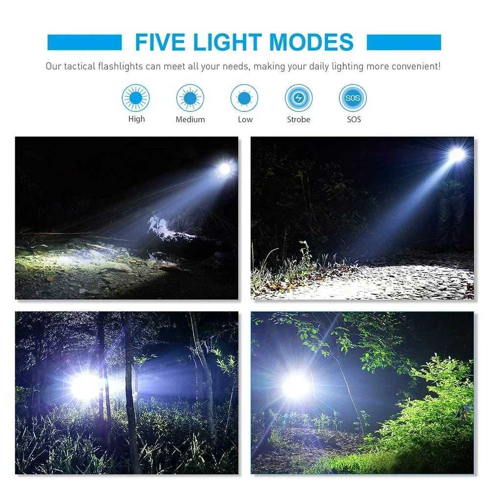 High Power T6 LED Flashlights Camping Torch 5 Light Modes Zoom Light Aluminum Alloys Waterproof Material External 18650 BatteryW251106