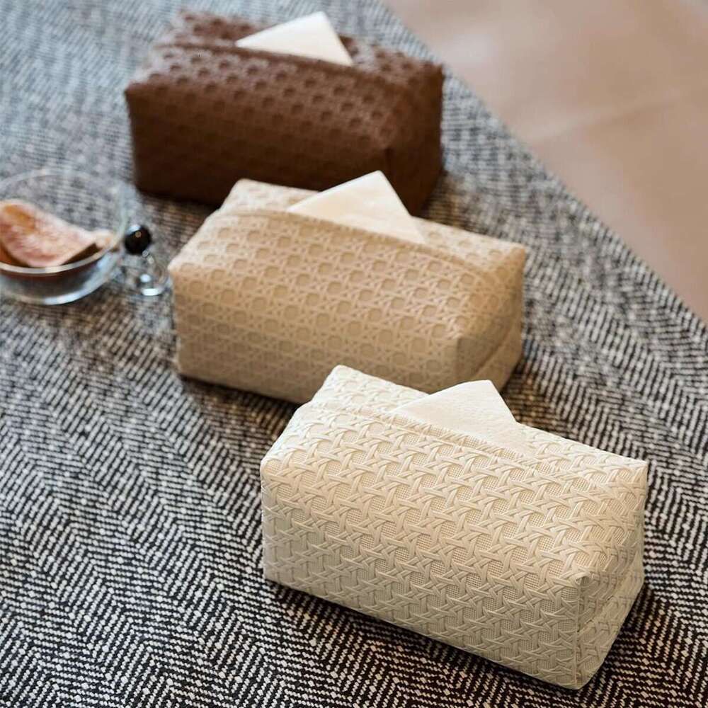 High-end Light Luxury Rattan Pattern Waterproof Leather Storage for Living Room Bedroom Car Large Capacity Tissue Box