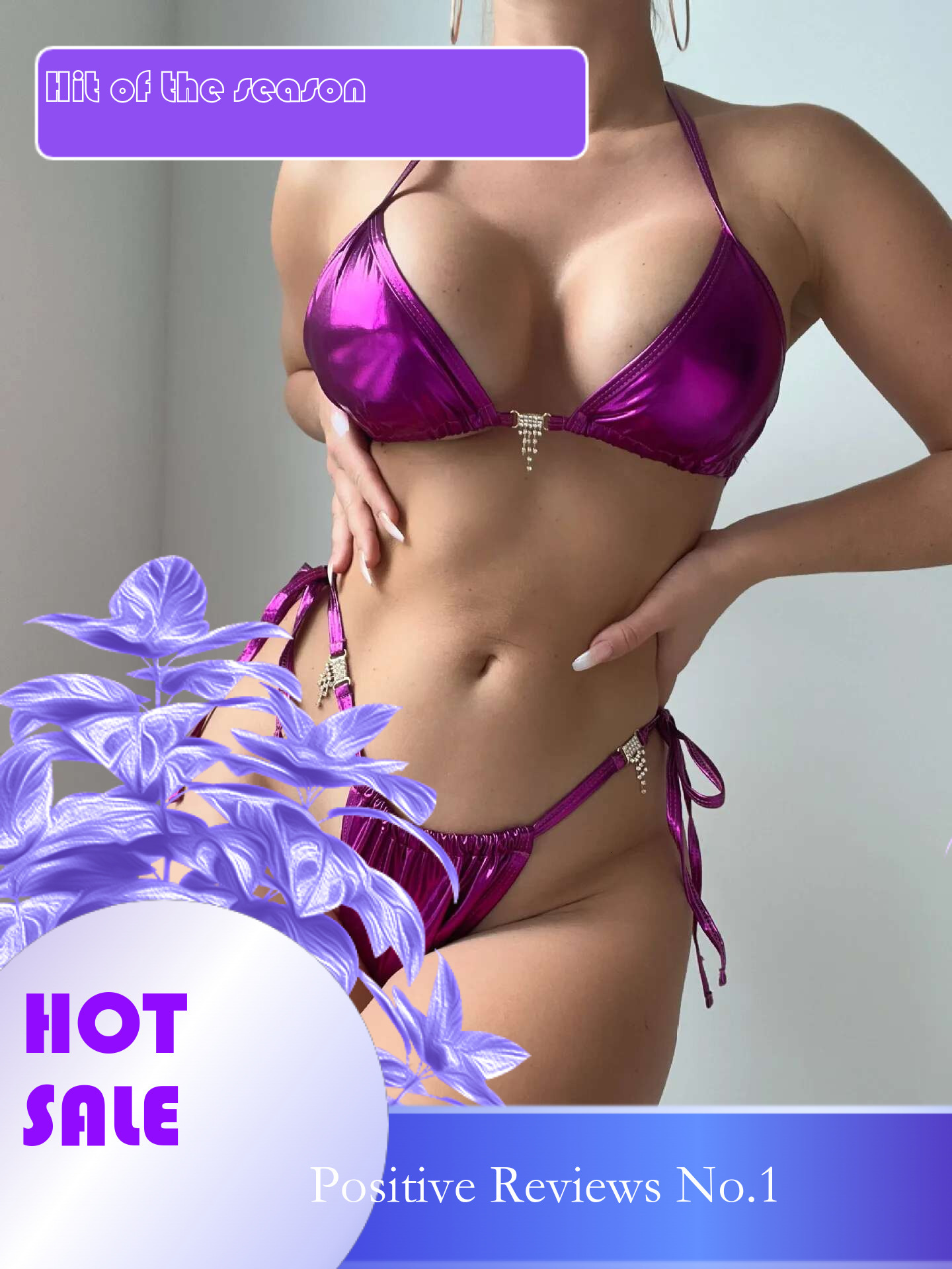 Dongdumaoyi Luxury PU Purple Bikini Set New Rhinestone Push Up Bra Micro Swimsuit Cut Out Beach Bathing Suit Tie Side Thong Swimwear