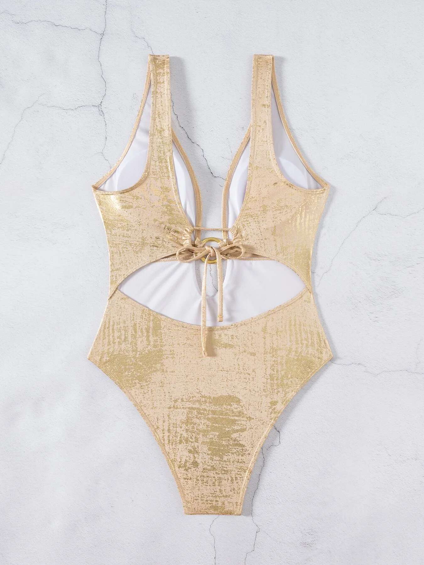 Dongdumaoyi Shiny Gold One Piece Swimsuit Women Deep V Neck Hollow Out Backless Swimwear Summer Beach Bathing Suit Holiday Monokini