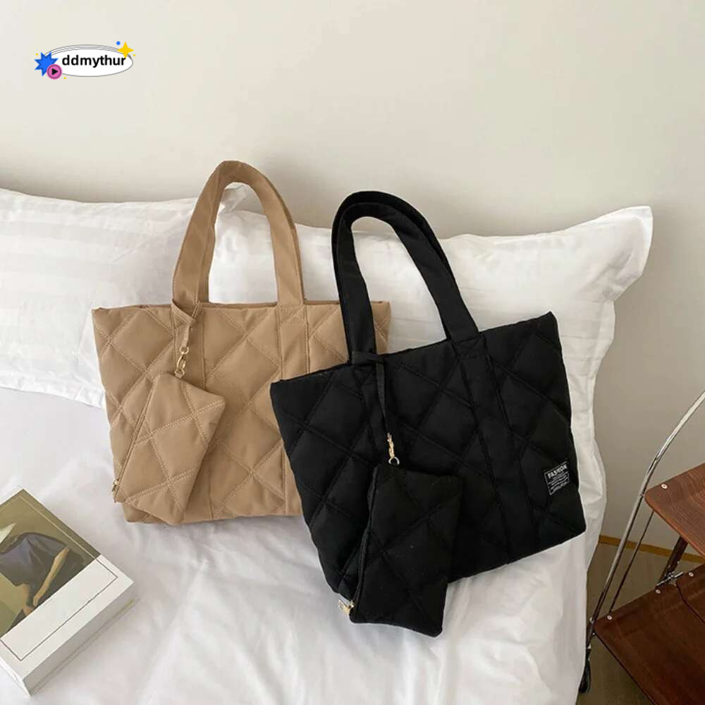 Women Handbag Fall Winter Fashion Rhombus Space Cotton Suit Shoulder Large Capacity Solid Color All-Match Shopping Tote Bag ddmythur