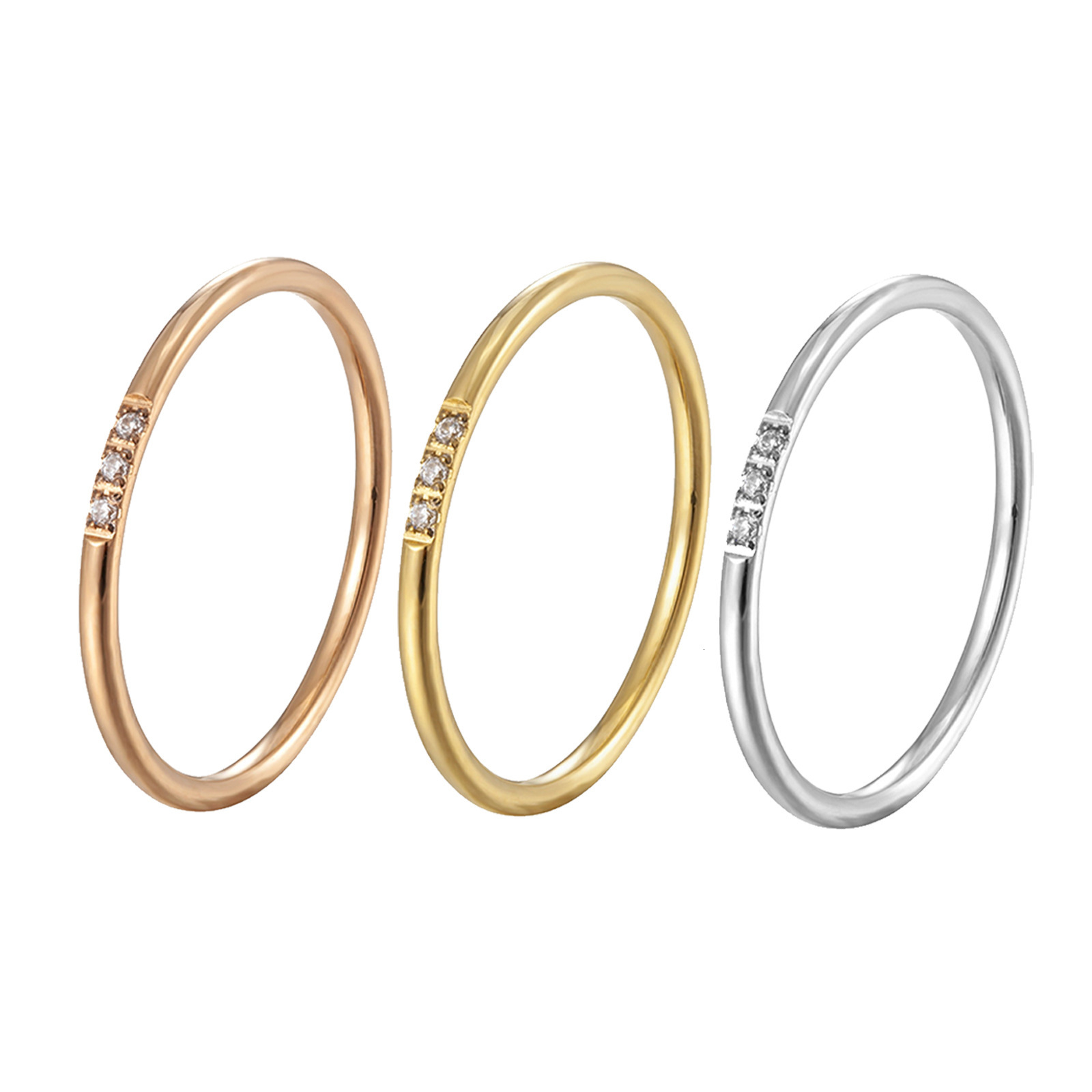 Top Source New Fashionable Light Luxury Cold Wind Titanium Steel Women's Round Thread Plain Circle One Diamond Ring Finger Plated Gold