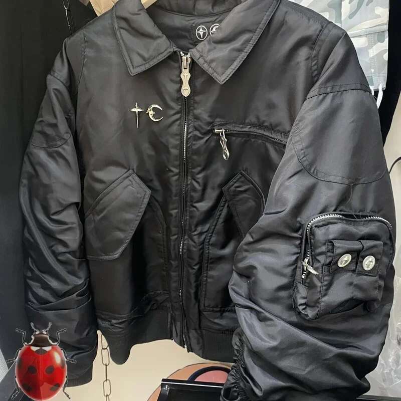 Winter Thug Club Star Moon Back Rivet Metal Zipper Bomber Flight Jackets Multi Pockets Men Women Thick Cotton Casual Jacket