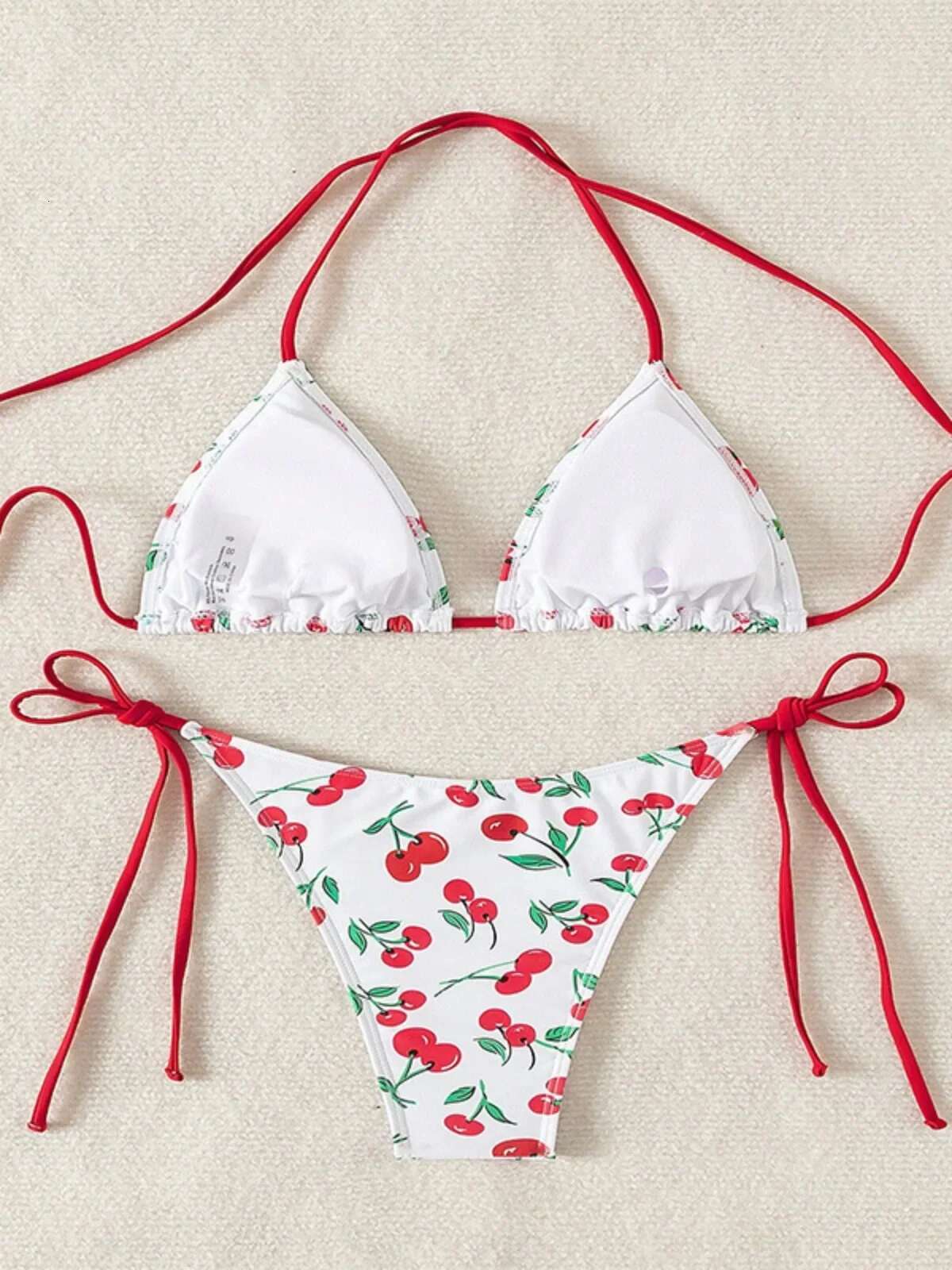 Dongdumaoyi Women S Cherry Print Two Piece Swimsuit Sexy Triangle Bra Mini Bikini Set Suspender Halter Backless Beach Vacation Swimwear