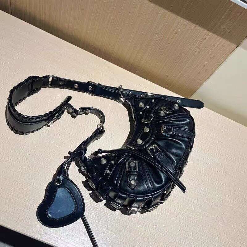 Designer Bag Paris Rivet Motorcycle Style Genuine Leather Women S Wrinkle Design Multi Button Decorative Single Shoulder Crossbody