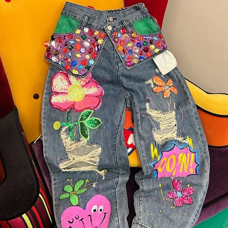 Chic Women Spring Floral Embroidery Diamonds Beaded Holes Denim Pants High Waist Loose Rhinestones Jeans Cowboy Broken Trousers 250403