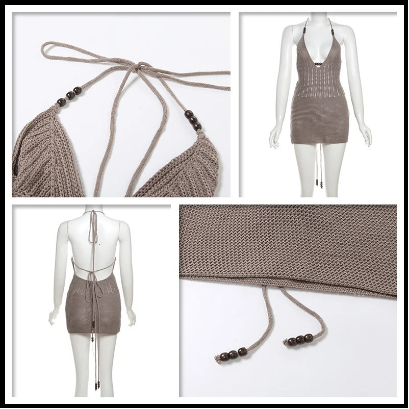 Townlike ultra-thin Bodycon knitted dress womens rings mini summer dress hollow V-neck backless sexy party dress 250401