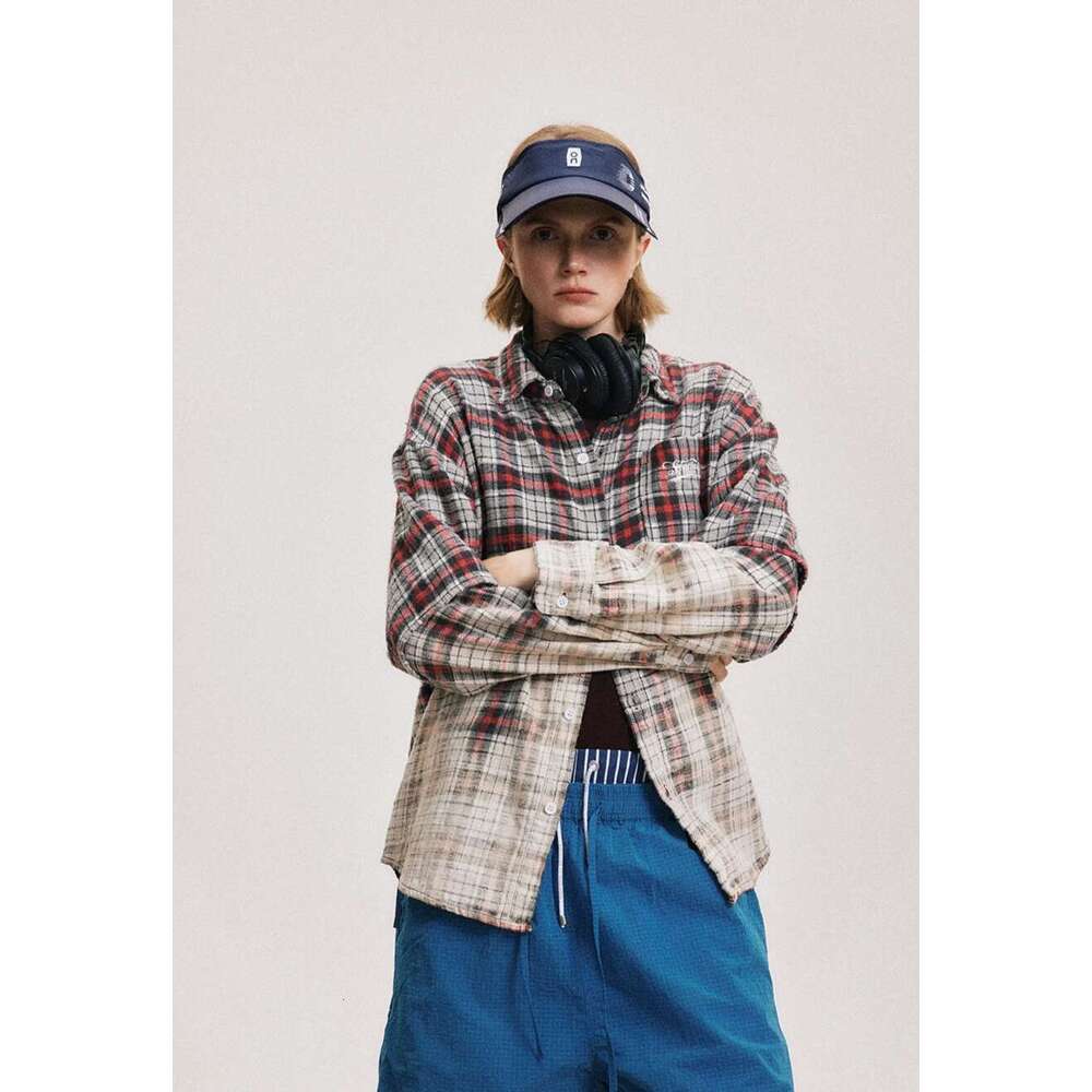 Gradient Dyed Plaid Long Sleeve Mens Pocket Embroidery High Street Lapel Single Breasted Shirts Men Cotton Tops