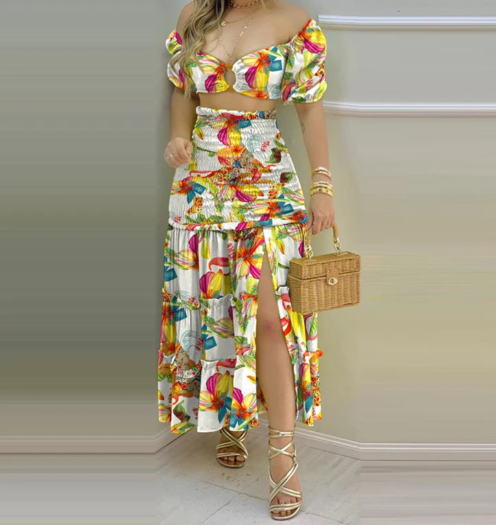 2 Piece Set Women Outfit Vacation Floral Print O Neck Crop Top Shirr Slit High Waist Maxi Skirt Sets Female Fashion 250313