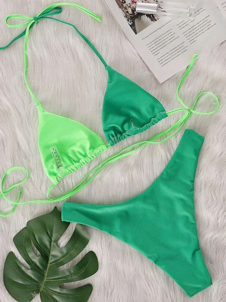 Dongdumaoyi Sexy Green Contrast Bikini Set Women Luxury Diamond Bandage Cross Push Up Micro Swimsuit Beach Bathing Suit Thong Swimwear