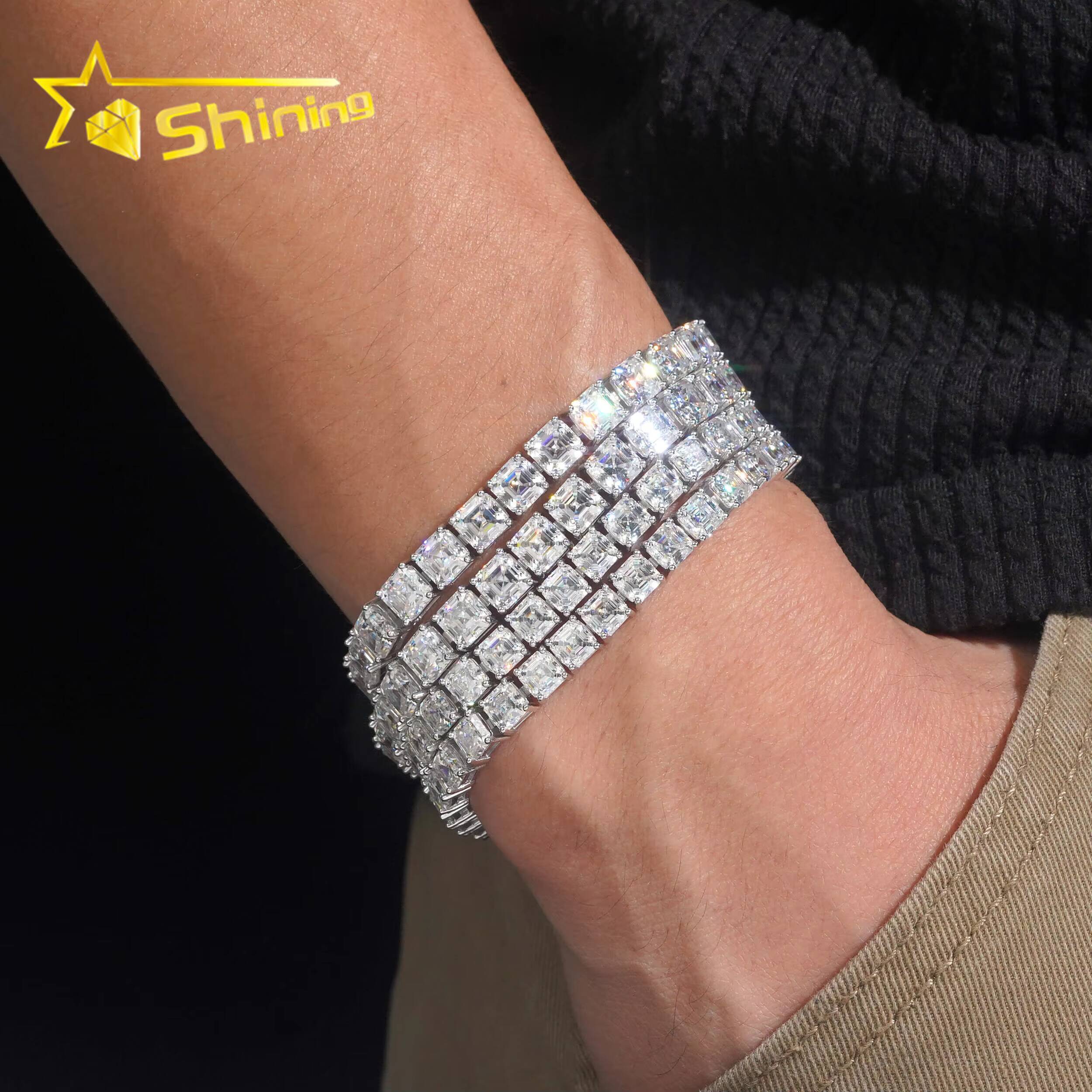 New Stocks 925 Silver Rhodium Plated Men Women Tennis Bracelet Hip Hop 5mm 6mm Asscher Cut Moissanite Diamond Bracelet