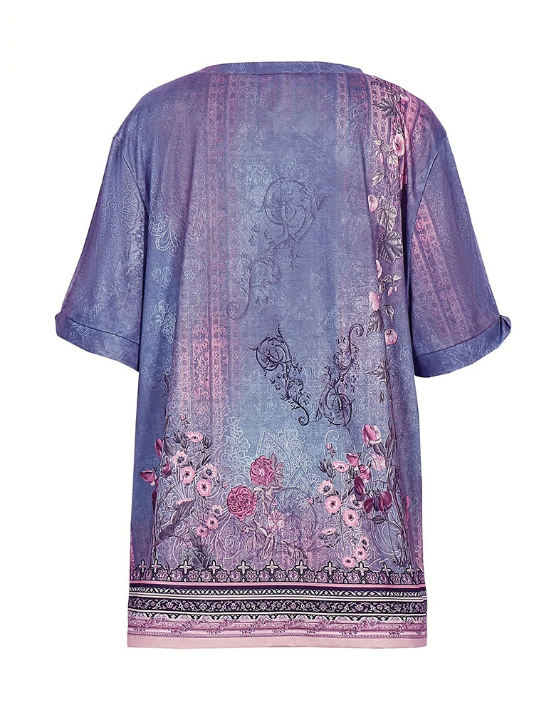 Plus Size Summer Womens Printed Pattern Round Neck Tshirt Short Sleeve Zipper 250407