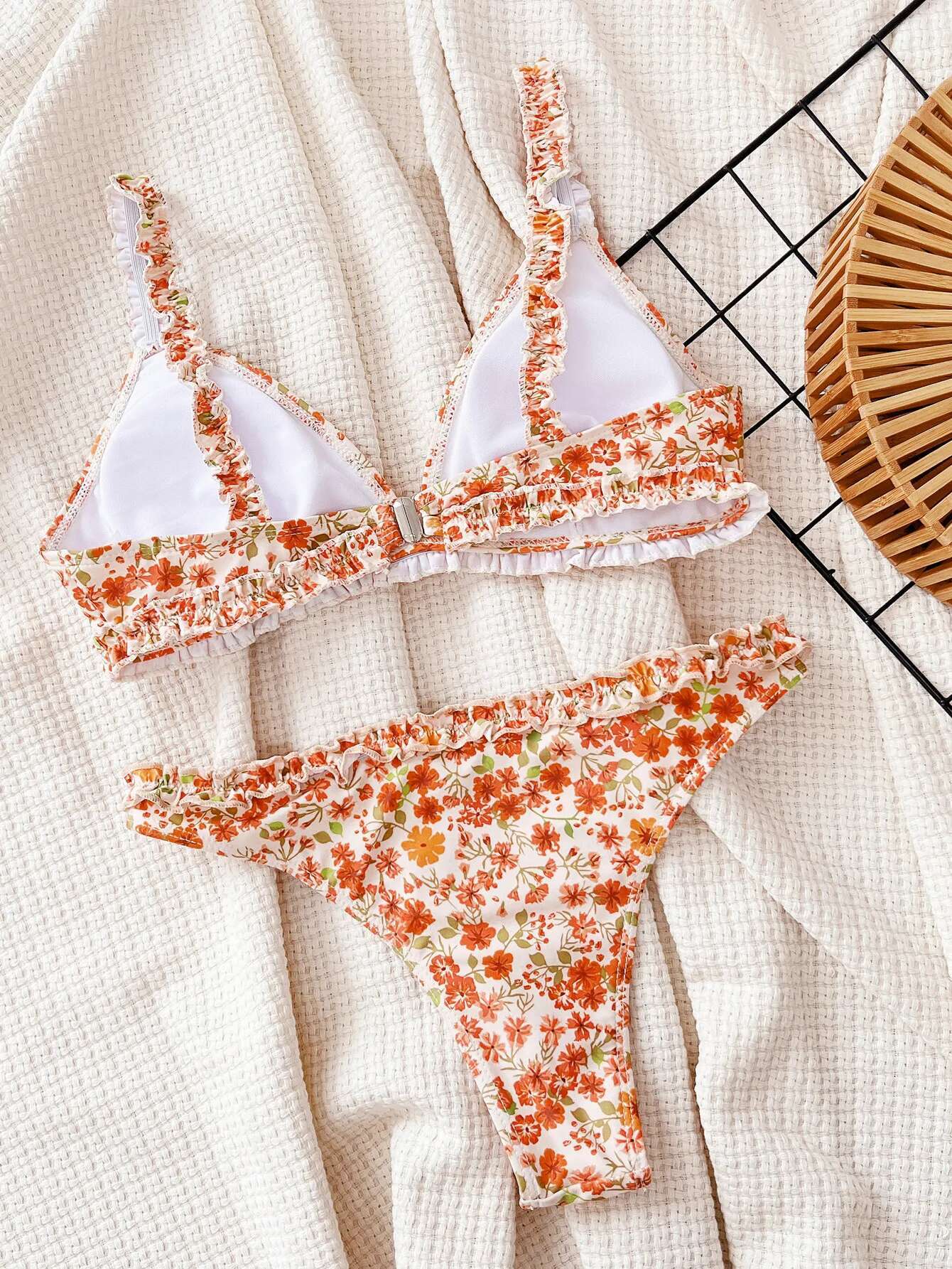 Dongdumaoyi Sexy Micro Bikini Woman Orange Floral Print Ruffles Push Up Swimwear Brazilian Beach Bathing Suit Thong Swimsuit Biquini