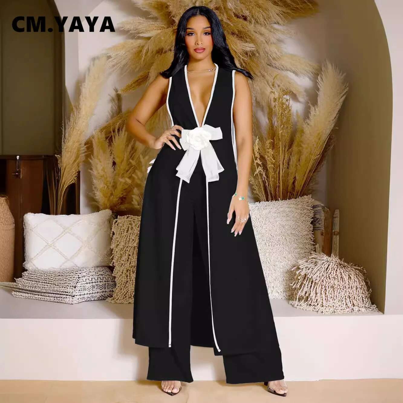 Women Set 3D Wer Sleeveless V-Neck X-Long Shirt Coats + Wide Leg Pants Two 2 Piece Sets Fashion Outfits Summer