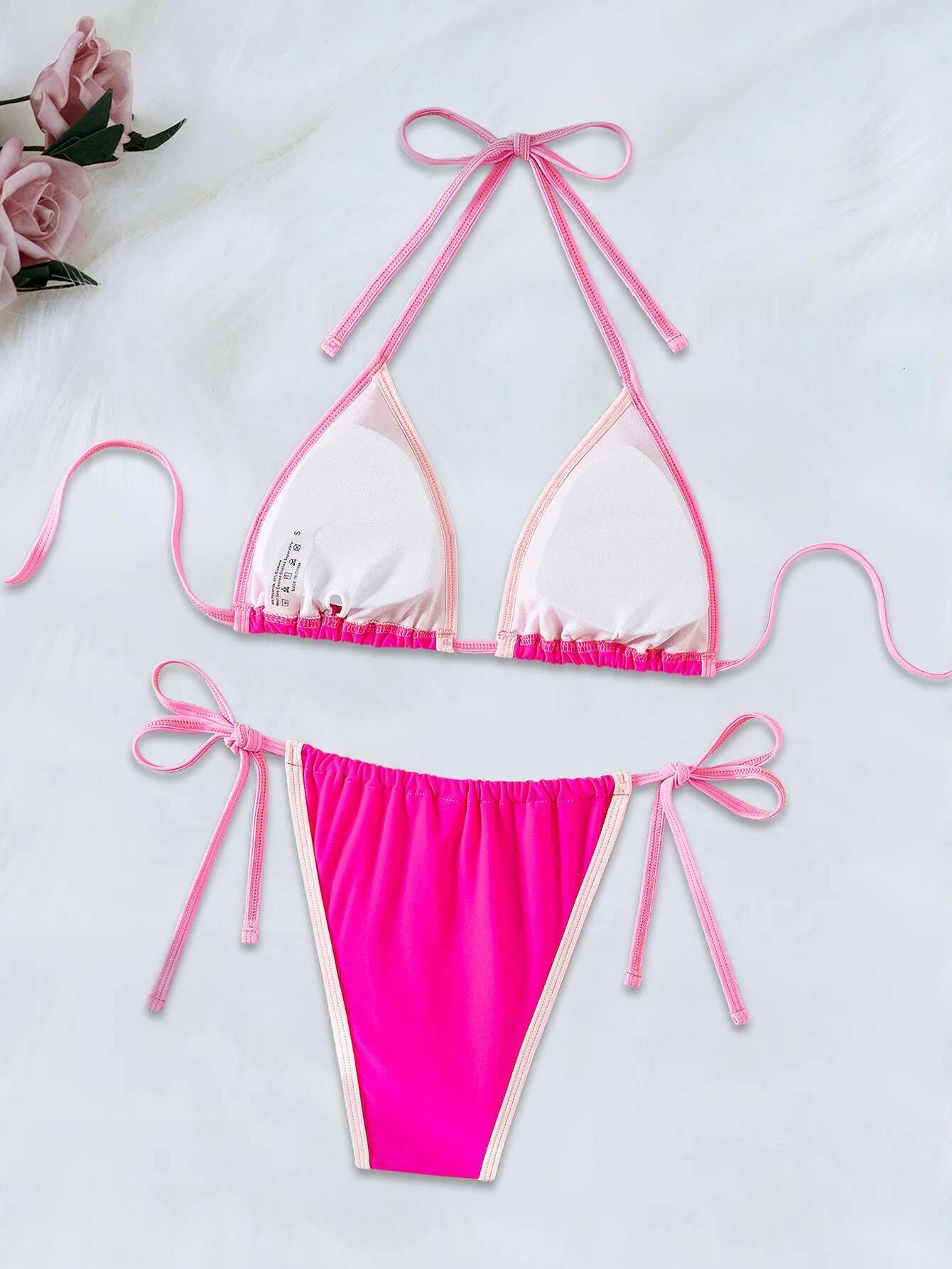 Dongdumaoyi Sexy Hot Pink Woman Swimsuits Contrast Push Up Bra Tie Side Thong Bikinis Brazilian Bathing Suit Micro Swimwear Biquini
