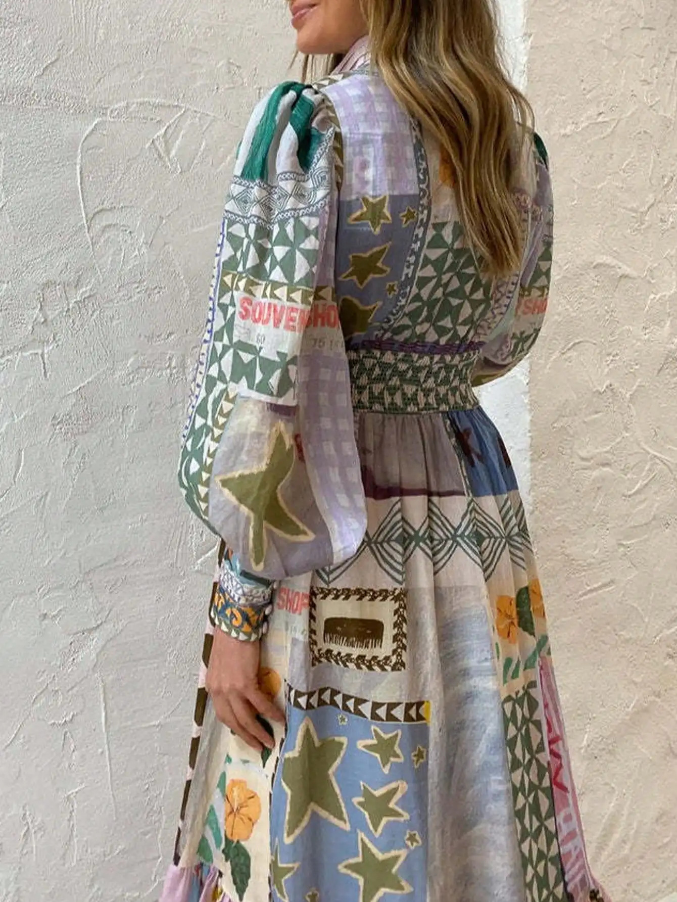 Spring and summer Bohemian style loose plaid sleeping casual waist pleated flame dress suitable for women elegant multi el 250407