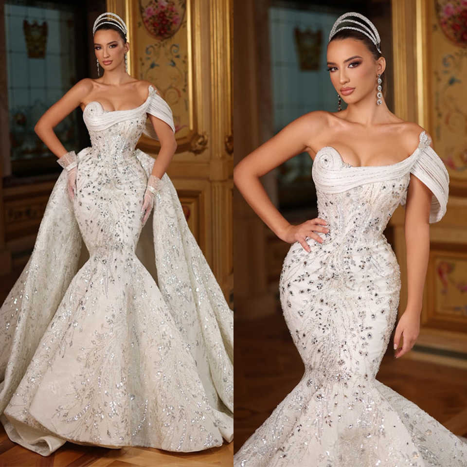 New Mermaid Wedding Dresses Elegant Ball Gown Bride Dress Crystal Lace Bridal Gown Detachable Train Robe De Vestido HOT SALE Customized Plue Size H254