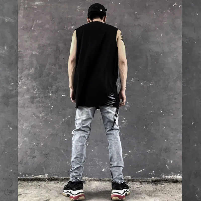 Mens summer ripped hole retro punk vest street hip-hop vest mens oversized vest sleeveless shirt 250403