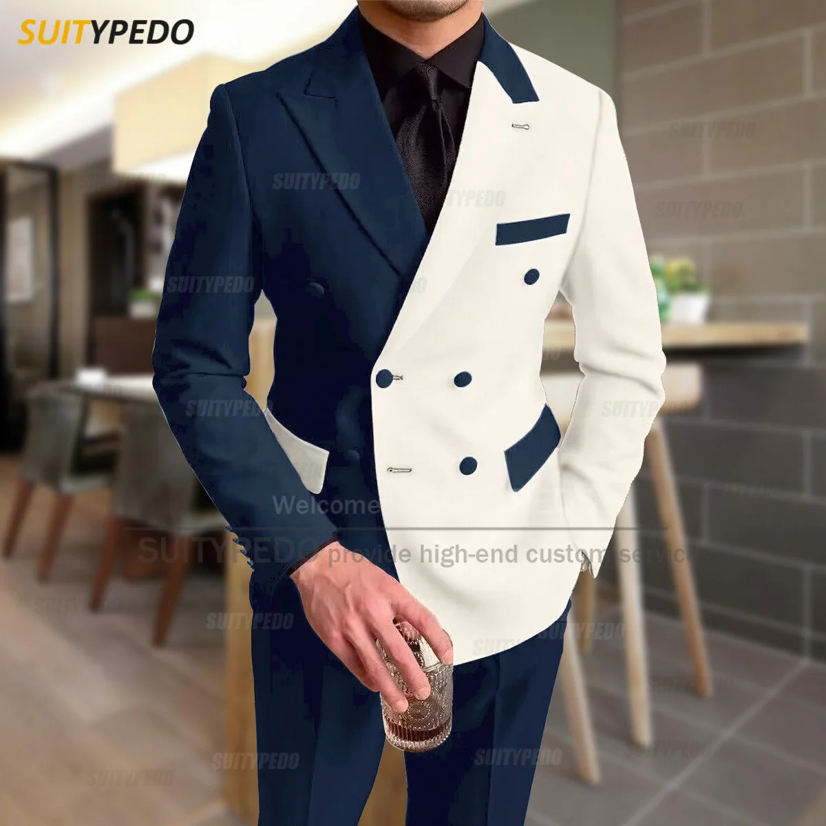 Fashionable black ivory patchwork mens casual party classic double chest jacket evening dinner elegant jacket set 250402