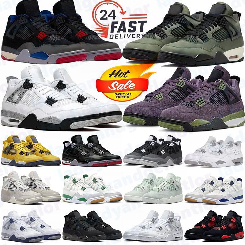 With box designer 4s basketball shoes men women black cat bred wet cement white red thunder navy bred 4 sports trainers sneakers big size 36-47