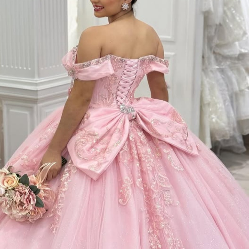 Pink Quinceanera Dresses Off Shoulder Ball Gown Sweet 16 Dress Applique Lace Beads Bow Tull Birthday Party Vestidos 15 De Anos
