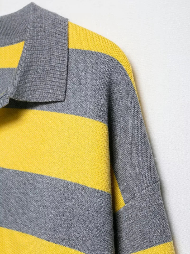 ETJ Autumn womens line street style fashion yellow wide stripe polo neck loose version of long-sleeved sweater 251105