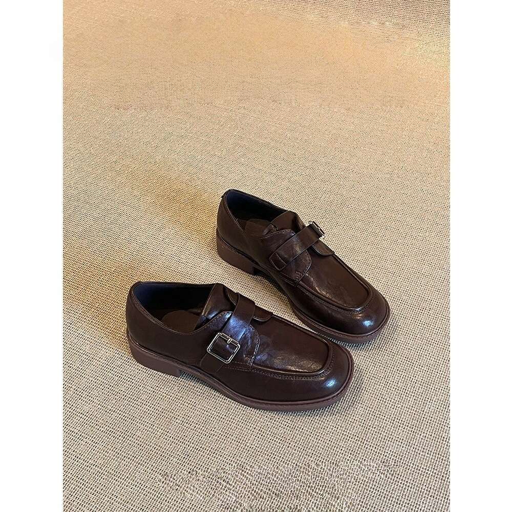 Square Toe Belt Buckle Small Leather For Women 2025 Thick Heel Free shipping College Style Loafers Lazy Versatile Single Shoes
