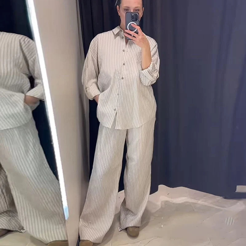TFMLN Womens Fashion Pants Set Striped Shirt High Waist Wide Leg Elastic Mens Casual Spring 250407