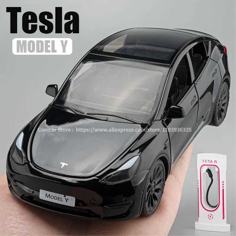 All 1 24 TESLA Model Y Model 3 with charging station alloy die-casting metal toy car model sound and light childrens series giftsXJ250407