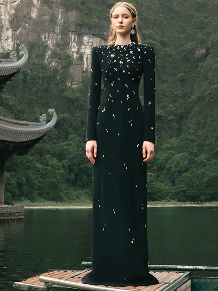 TOP QUALITY Newest 2025 Designer Fashion Women's Rhie Dias Beaded Long Maxi Dress