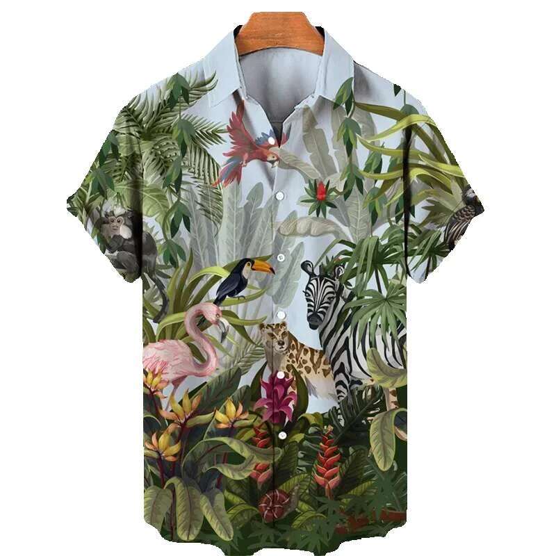 TRCALE Jungle Pink Flamingo Printed Hawaiian Men's Shirt, Summer Short Sleeve Top, Haruku, Collar Button, Loose Shirt